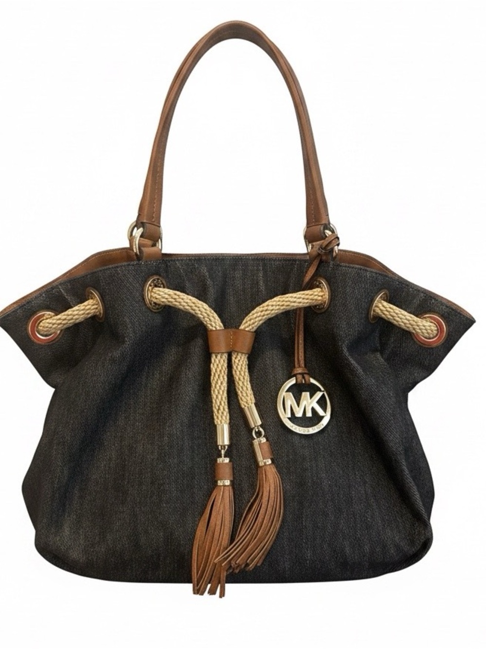 Michael Kors Nautical Inspired Marina Large Blue Denim Tote Brown Leather Trim